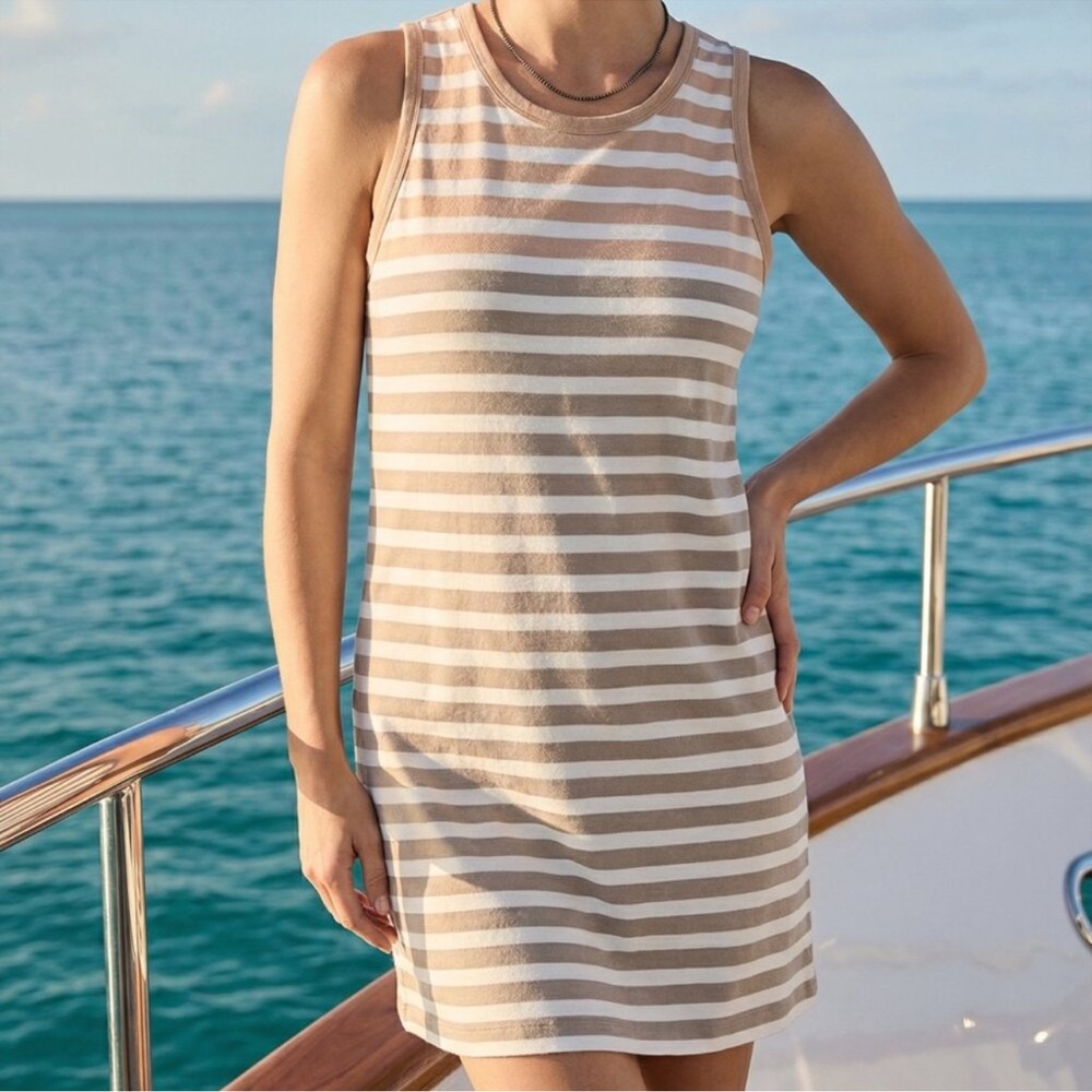 Z SUPPLY Tank Dress Medium Taupe Brown Striped Cotton Resortwear Casual Summer